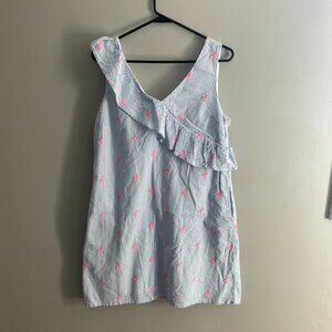 Crown & Ivy Blue Seersucker Flamingo Dress Size L Ruffle V-Neck